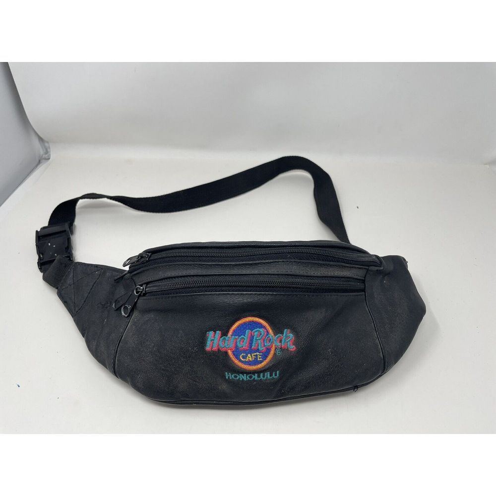 Vintage 1990's Black Leather Hard Rock Cafe Honolulu Fanny Pack [Wear And Tear]